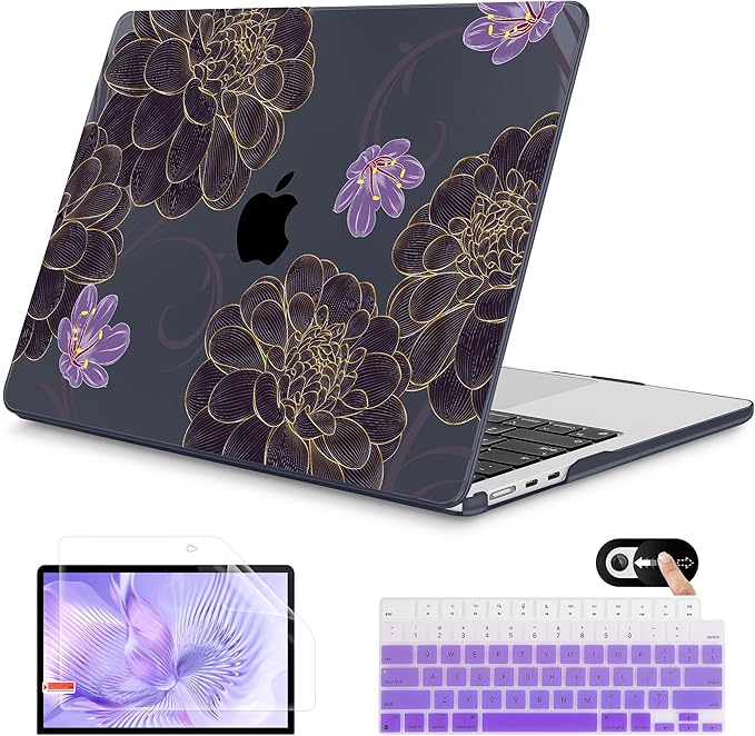 Mektron for 2026 MacBook Air 13-inch M5 Laptop Case A3449 with 13.6-inch Liquid Retina Display Fits 2025 A3240 M4 2024 A3113 M3 2023 A2681 M2 Printed Shell for MacBook Air 13.6", Golden Dahlia Flowers