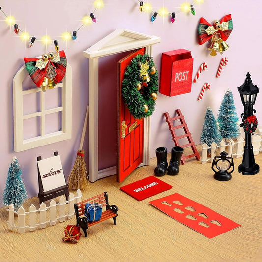 Syhood 29 Pcs Christmas Fairy Door Decorations - Enchanted Miniature Wooden Kit for Outdoor Xmas Decor