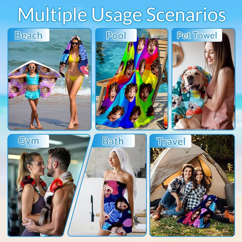 Personalized Beach Towels for Kids | Quick Dry Microfiber, Custom Photo/Text, 40"x70" Size