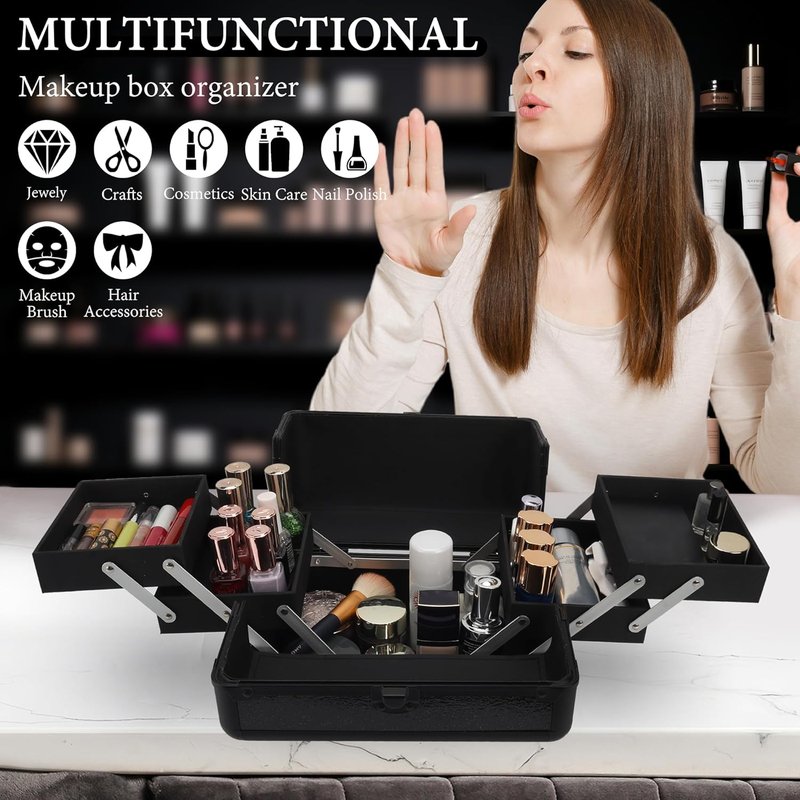 Makeup Train Case - 10.2" Hard Vanity Organizer with 4 Trays | Lockable Starry Black Travel Case for Artists