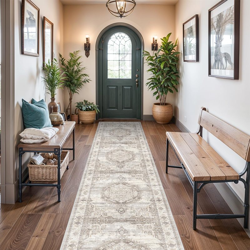 Washable 3x20 Extra Long Runners: Oriental Non-Slip Hallway Runner Rugs for Kitchen Dining Room Indoor Farmhouse Thin Entryway Mat Stain Resistant Soft Carpet for Living Room Bedroom (Beige,3x20)