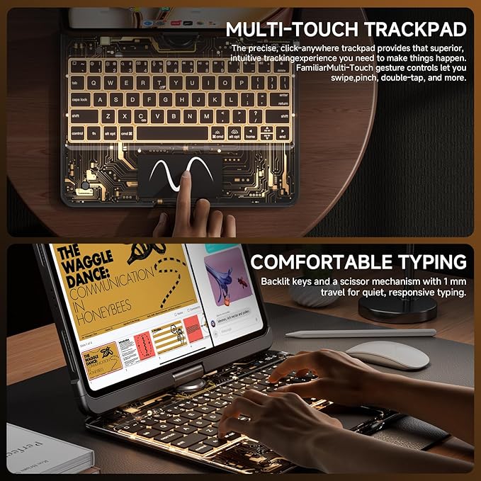 Tiaota Transparent Case with Keyboard for iPad 9th (7th, 8th, and 9th Gen) 10.2 Inch,with 7-Color Backlit Wireless Keyboard,360°Rotatable Protective Case Multi-Touch Trackpad,with Pencil Holder,Black