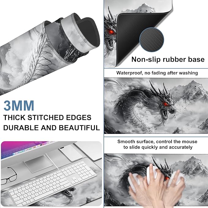 NITAHHHY Large Mouse Pad Chinese Dragon Gaming Desk Pad Computer Keyboard Non-Slip Waterproof Mouse Mat with Rubber Base and Stitched Edges Entertainment Office Writing Desk Mat 35.4 x 15.7 Inches