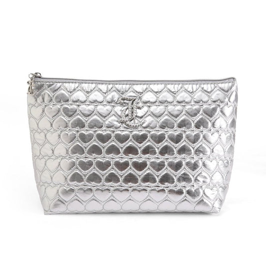 Juicy Couture Silver Makeup Bag Cosmetics Organizer Travel Essentials Top Zip Pouch Shiny Quilted Heart