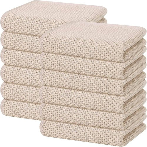 Homaxy Kitchen Dish Towels - 100% Cotton Waffle Weave, Ultra Soft & Absorbent, 13 x 28 Inches, 12-Pack, Beige