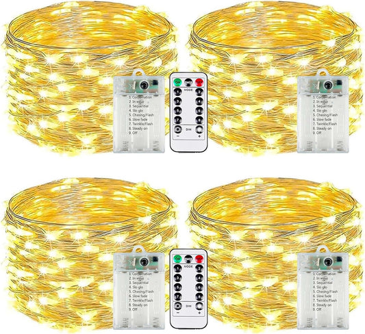 Skiennix 4-Pack Fairy Lights - Battery Operated with Remote, Timer & 8 Modes | 16 FT Waterproof 50 LED String Lights for Indoor & Outdoor Christmas Décor (Warm White)