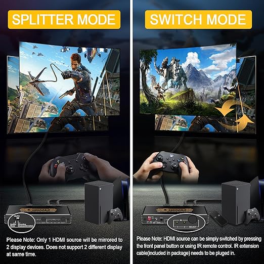 CORSAHD 4K@60Hz HDMI 2.0 Splitter 2 in 2 Out with Audio Extractor Supports ARC,e-ARC,Soundbar,Downscale,HDCP Bypass,HDR,CEC,EDID,SPDIF,IR Remote,HDMI Swtich 2 in for soundbar