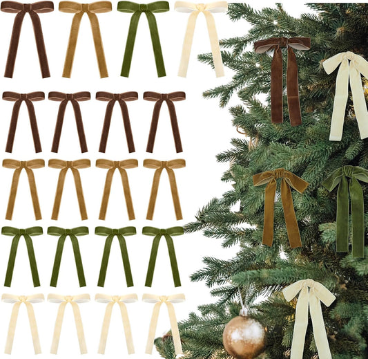 Skiennix 24 Pcs Velvet Bows - Vintage Ribbon Bows for Christmas Tree & Crafts | 5x7 Inch, Brown, Khaki, Beige, Moss Green
