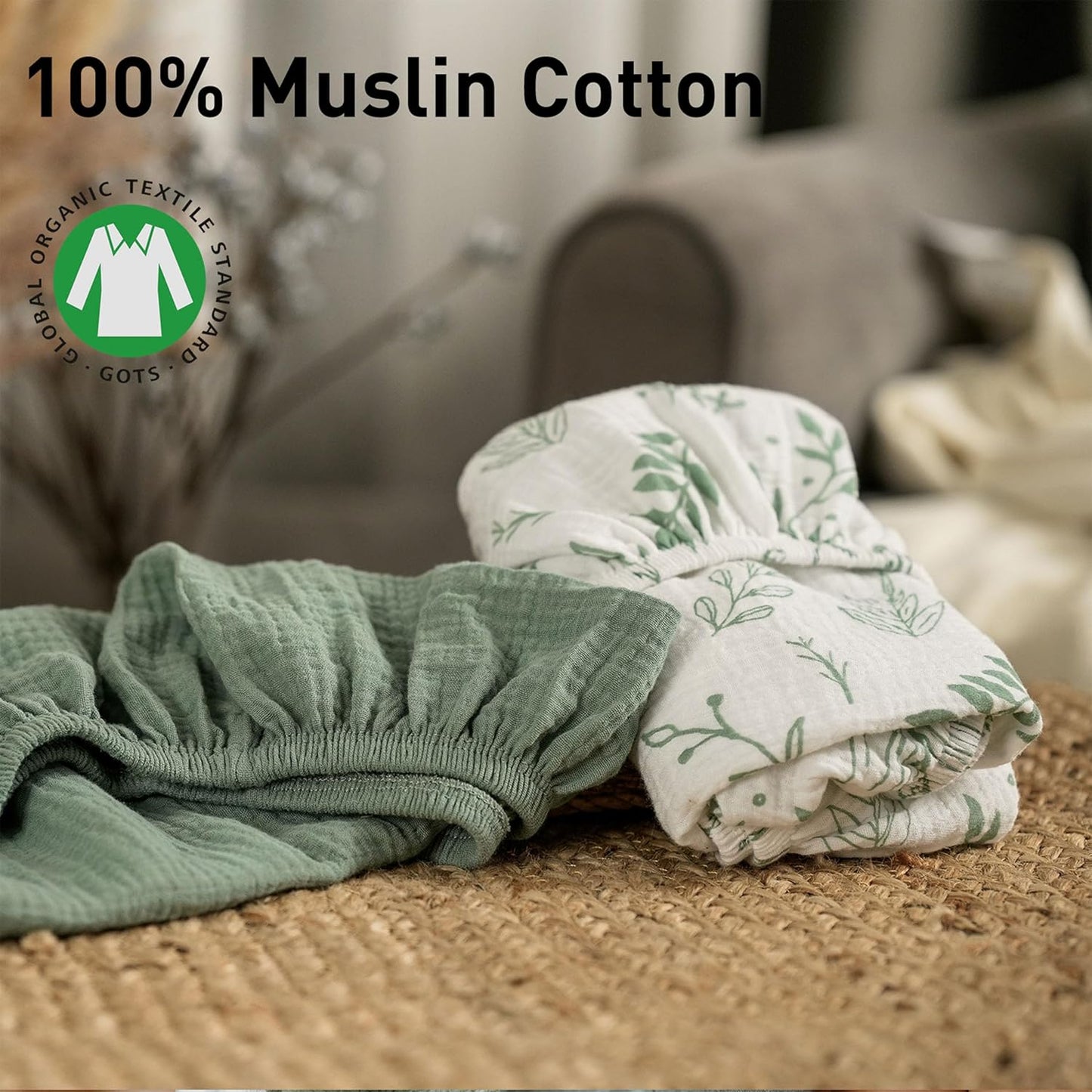 Skiennix Muslin Bassinet Fitted Sheets - Soft, Breathable Cotton | 2-Pack with 360° Snug Fit, Universal Design (Bright Leaves)