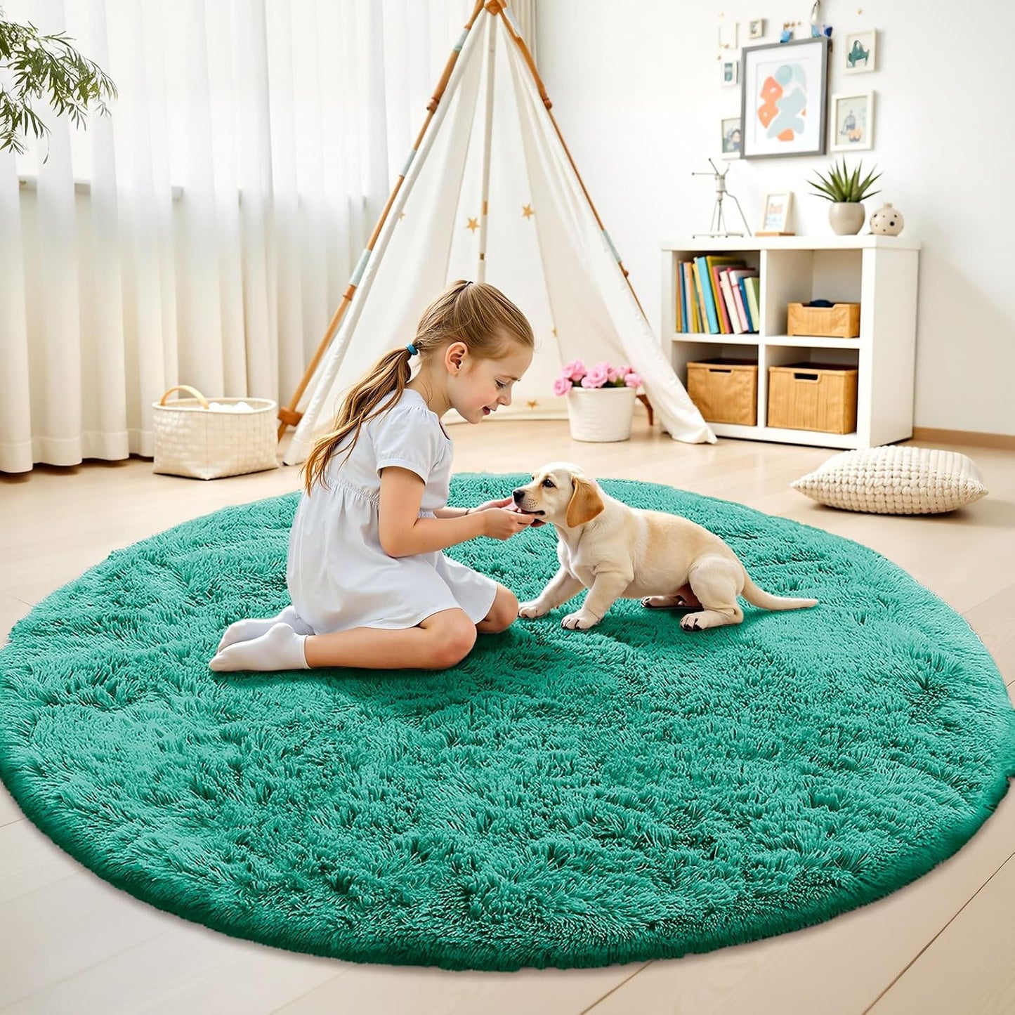 OLANLY Teal Green Round Area Rug - Soft & Fluffy 4 ft Machine Washable Carpet for Bedroom & Nursery Decor