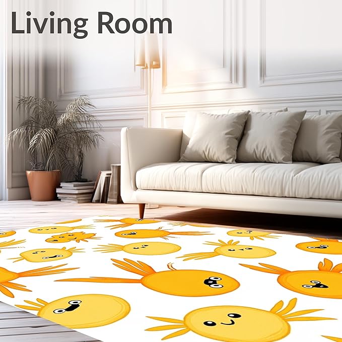 Flatwoven High Traffic Area Rug 8, Cheerful Pond Creatures Design with Playful Graphics, Non Slip, Stain Resistant, Washable Area Rugs for Living Room, Bedroom (Yellow, 8)