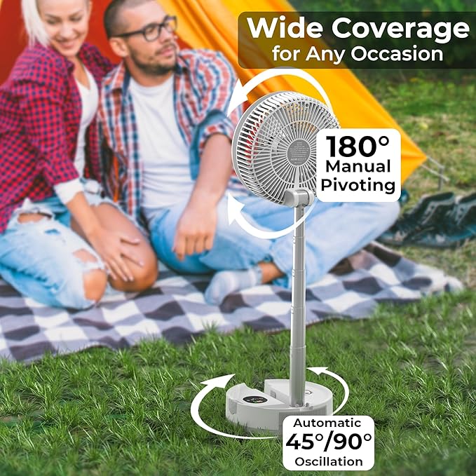 40000mAh Portable Travel Fan, Rechargeable Collapsible Fan, 106H Run, 8 Speeds Standing Oscillating Fan, Battery Powered with Timer & Light for Travel Cruise Essentials RV Outdoor Bedroom Power Outage