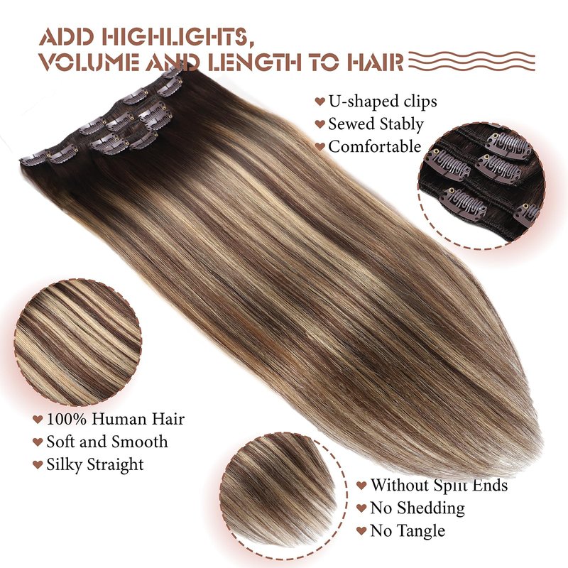 Clip in Hair Extension Real Human Hair Balayage Clip in Extensions for Women 80g/5pcs Balayage Chocolate Brown to Caramel Blonde Human Hair Extensions Clip ins 14 Inch Gift