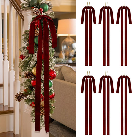 SIMISI Ribbon Burgundy Long Velvet Bows - Perfect Ornaments for Christmas Tree & Wreaths | 15x24 Inch, Set of 6