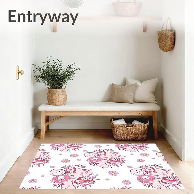 Flatwoven High Traffic Area Rug 8x10, Vintage Snowman Holiday Shower Curtain with Bath Toilet Cover, Non Slip, Stain Resistant, Washable Area Rugs for Living Room, Bedroom (Pink, 8x10, Pad)