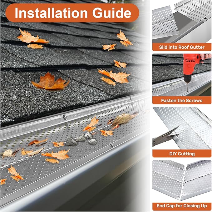5 inch Gutter Guard, 13 Pack-52ft, Aluminum Rain Gutter Guard, DIY Leaf Filter Gutter Guard Protection Cover, Raptor Mesh Gutter Screen Cleaning Tools for Downspout, Roof, with Screws