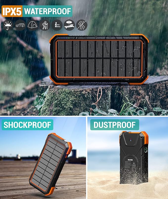 BLAVOR Solar Power Bank 20000mAh Wireless Portable Charger Built-in Cables, 20W Fast Charging USB C Battery Pack for iPhone 17/16/15/14, iPad, Samsung, Solar Charger with Flashlight for Camping