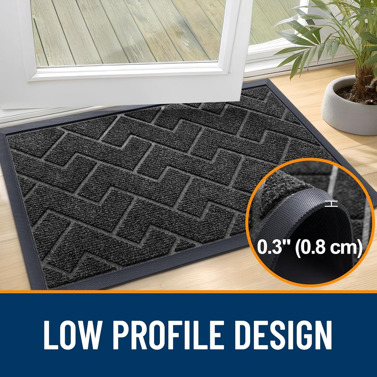 OLANLY Waterproof Front Door Mat - All-Season Indoor/Outdoor Herringbone Design | Easy Clean, Low Profile (Black, 47x32)