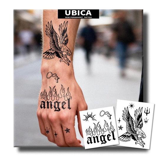 Realistic Semi-Permanent Tattoos - 2 Sheets for Men & Women | Waterproof Eagle Wing & Angel Flame Designs, Lasts 1-2 Weeks