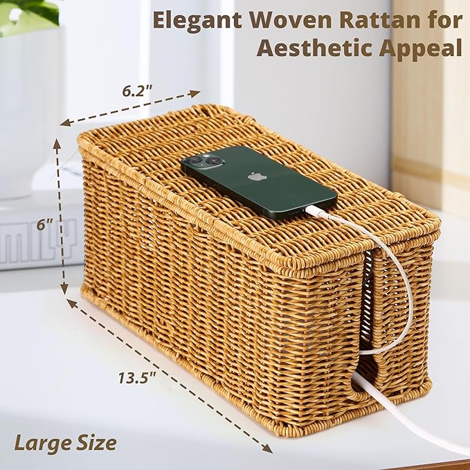 ZhiYo Rattan Cable Management Box, Cord Organizer, Nature, 13.5"x6.2"x6"