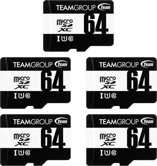 TEAMGROUP Micro 64GB 5 Pack UHS-I U1 Class 10 SDHC SDXC Read Speed up to 100MB/s High Speed Flash Meomry Card with Adapter for Camera, Surveillance, Full HD Shooting TUSDX64GCL10U63