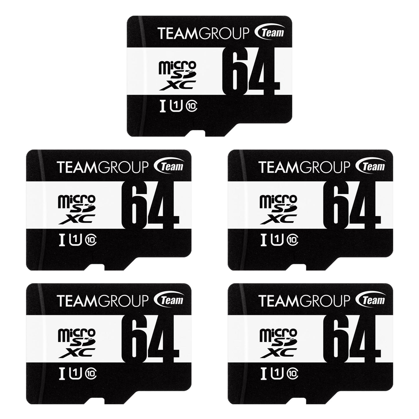TEAMGROUP Micro 64GB 5 Pack UHS-I U1 Class 10 SDHC SDXC Read Speed up to 100MB/s High Speed Flash Meomry Card with Adapter for Camera, Surveillance, Full HD Shooting TUSDX64GCL10U63