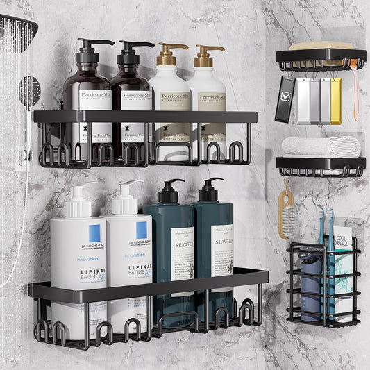 Veken Shower Caddy - Rustproof & Waterproof Adhesive Corner Shelves | 5-Pack Large Bathroom Organizer in Black