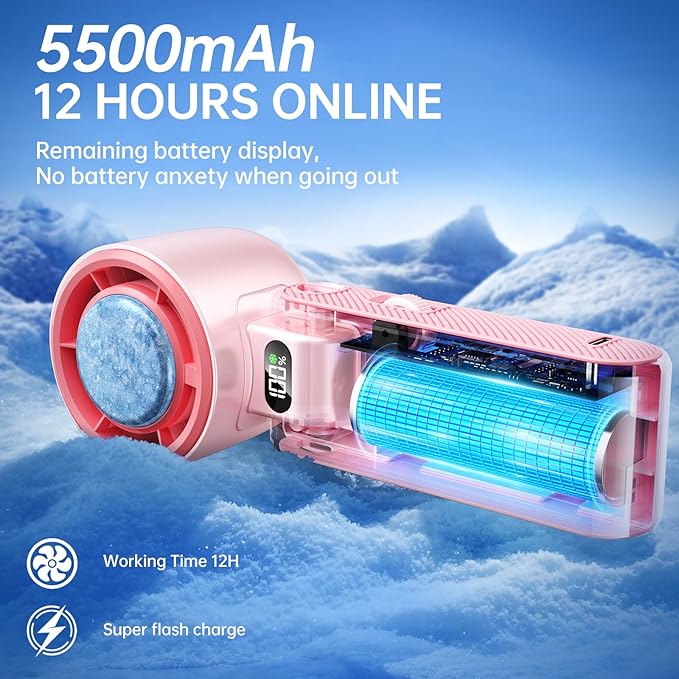 Coolhill Pro Handheld Portable Fan with Ice Cooler: 199-Speed 5500mAh Rechargeable Handheld Fan, 12H Time Hand Cooling Personal Fans with 20000 RPM Air Turbo Tech for Travel Outdoor (Pink)