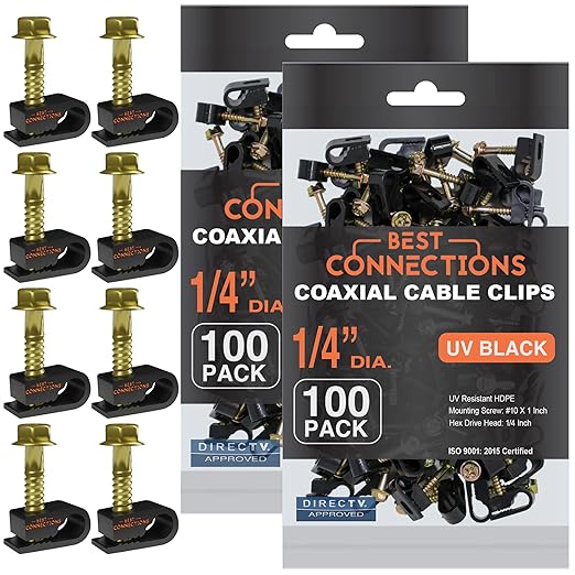 BEST CONNECTIONS Coaxial Cable Clips with Pre-Inserted Screw (200 Pack) – Black Single Cable Mounting Clamps for Coax Cable (RG6, RG59) and Ethernet Cable – Cord Fastener/Strain Relief Clip