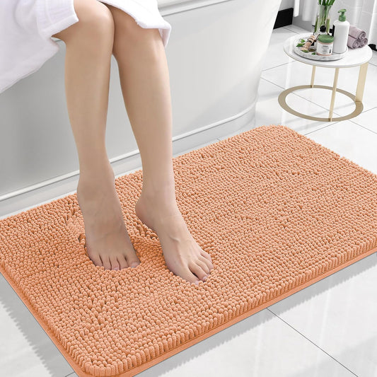 OLANLY Small Bathroom Rugs - Extra Soft Chenille Bath Mats | Quick-Dry, Machine Washable, 24x16, Peach
