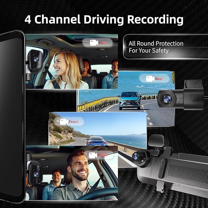 12" Rear View Mirror Camera,4 Channel Mirror Dash Cam Front and Rear Inside,Backup Camera for Cars,5.8GHz WiFi 360 Smart Rearview Camera,APP,GPS,Night Vision Backup Camera, Free 128GB SD Card