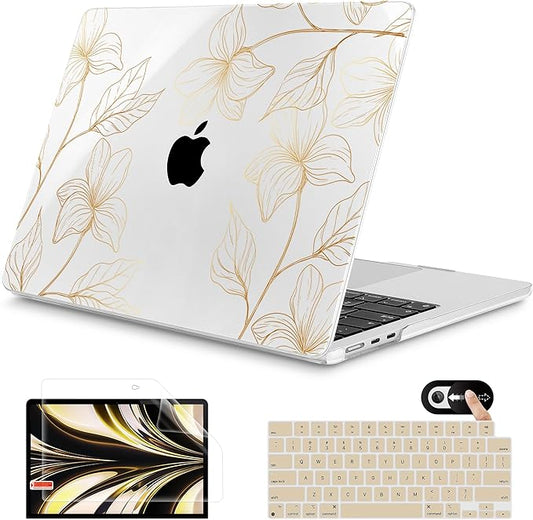 Mektron for 2026 MacBook Air 13-inch M5 Laptop Case A3449 with 13.6-inch Liquid Retina Display Fits 2025 A3240 M4 2024 A3113 M3 2023 A2681 M2 Printed Shell for MacBook Air 13.6", Gold Flower S718