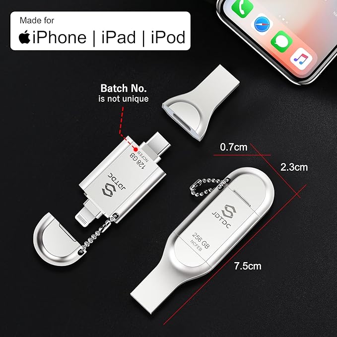 Genuine Apple MFi Certified iPhone Flash Drive 256GB - Real Capacity - No Fake Storage, Secure Encrypted Auto Backup Photo Stick for iPhone/iPad/Android/PC External Storage for Photos Videos & Files