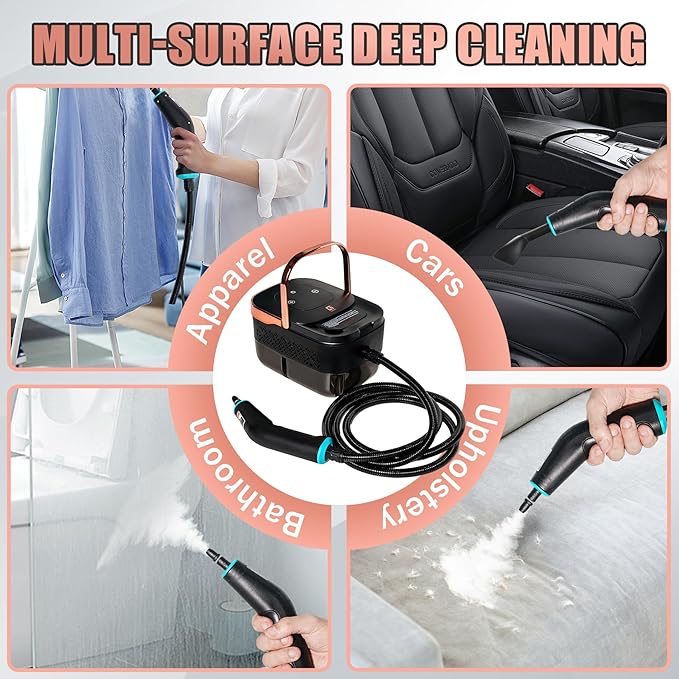 2500W Handheld Steam Cleaner,10 Accessories with 8 Adjustable Pressures for Tile/Grease/Carpet, 45oz Large Tank Chemical Free Cleaning, Portable Multi-Surface Steamer for Home Cars Kitchens(Gold)