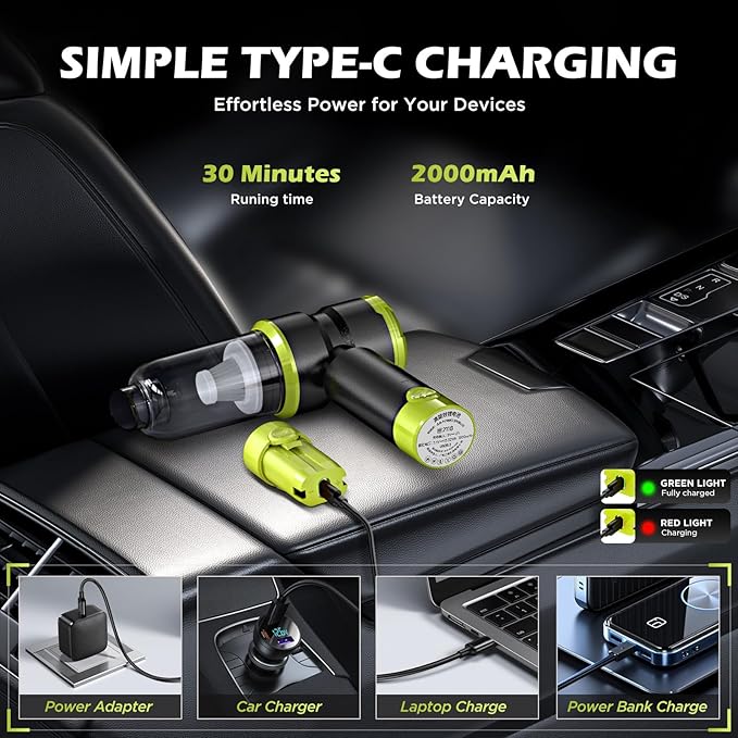 Handheld Car Vacuum Portable Cordless with 2000mAh Battery, 4 in 1 Handheld Vacuum Cleaner and Air Duster ,15000PA Portable Mini Hand Held Vacuum Rechargeable for Home, Car, Office, Pet Hair（Green）