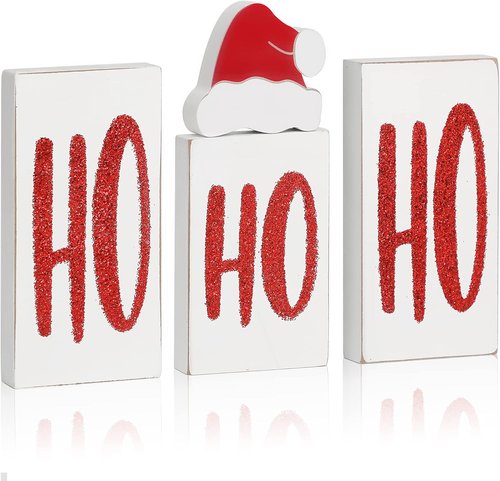 Ho Wood Christmas Blocks - Festive Wooden Tabletop Signs for Holiday Decor | 4 Pieces (White)