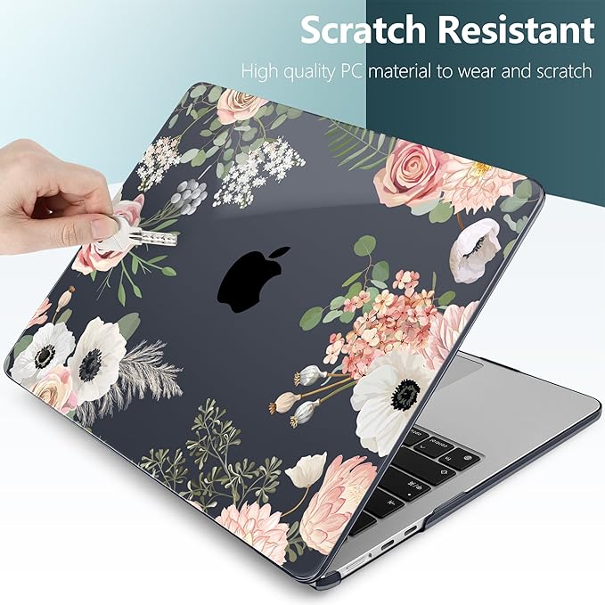 TWOLSKOO for MacBook Air 15 inch Case 2025 2024 2023 Release M4 A3241 M3 A3114 M2 A2941, Plastic Hard Shell & Screen Protector & Keyboard Cover & Type C Adapter, Rose Flower