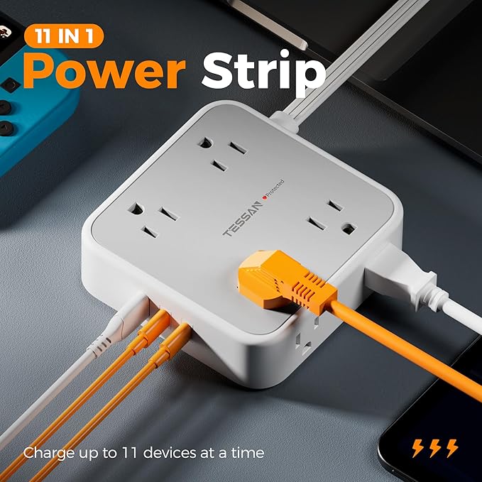TESSAN Surge Protector Power Strip, 5 Ft Flat Plug Extension Cord with 3 USB (2 USB C) 8 Outlets, 1250W, 900J Protection, 3 Sided Outlet Extender with Power Switch for Office, Dorm Room, Grey