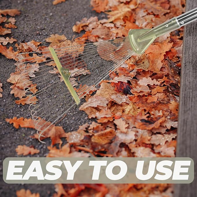 Heavy Duty Garden Leaf Rake 18 Stainless Steel Tines, Telescopic Extendable Handle 80cm for Lawn and Turf Cleaning, Landscape Hand Rake for Yard and Leaf Removal