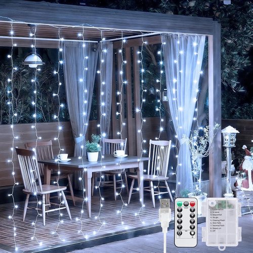 JMEXSUSS 200 LED Fairy Curtain Lights - Battery Operated & USB Plug-In | 8 Modes, Waterproof for Wedding & Party Decor, White
