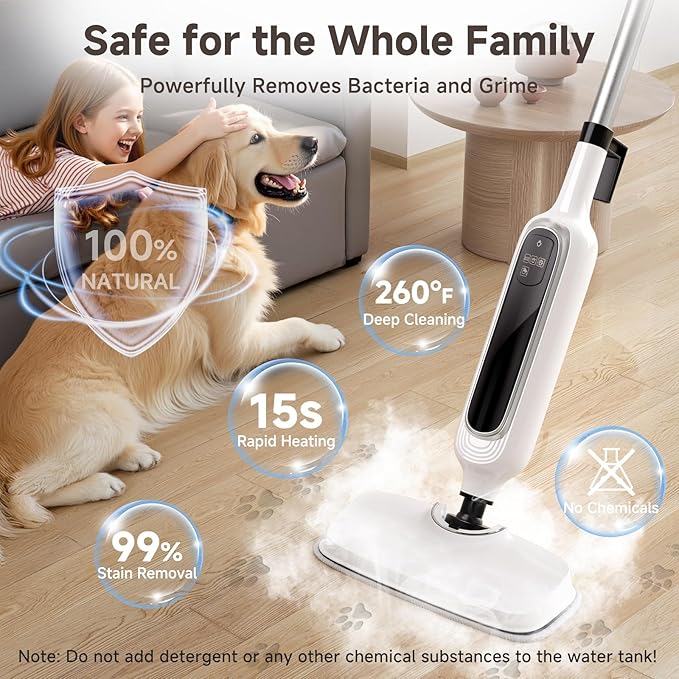 12-in-1 Steam Mop, Detachable Handheld Steam Cleaner for Home, 23FT Cord, 3 Steam Modes & LED Display, Steam Mops for Floor Cleaning, Bathroom, Windows, Sofas, Clothes, Tile Grout, Carpets, Furniture