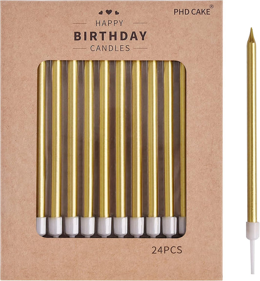PHD CAKE Gold Long Thin Metallic Birthday Candles - Perfect for Parties & Weddings | Elegant Cake Decor
