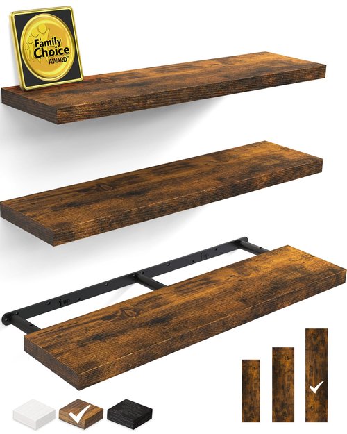 BAYKA Floating Shelves for Wall, 36 inches Wall Mounted Wood Shelves for Bathroom, Bedroom, Living Room, for Storage/Decor with 30lbs Capacity - Rustic Brown,Set of 3