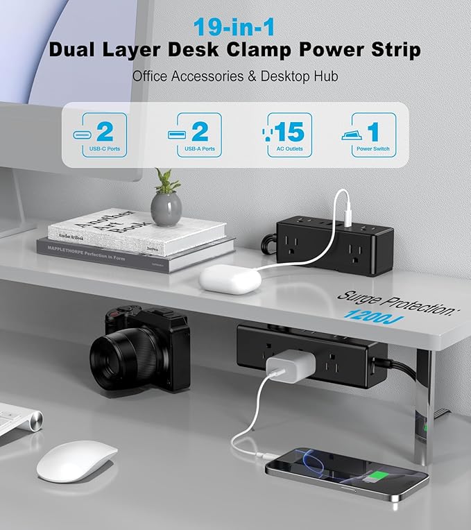 Dual Layer Desk Clamp Power Strip with 4 USB Ports(20W USB-C) & 15 AC Outlets, Desktop Edge Mount Surge Protector, Ultra Thin Flat Plug & 5FT Power Cord for Office Home(ETL Listed)