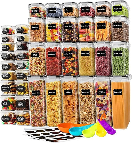 stusgo Airtight Food Storage Containers with Lids, BPA Free Clear Pantry Storage Container for Kitchen Food Pantry Organizers and Storage, Plastic Pantry Organiser for Cereal,Flour and Sugar 42 pack