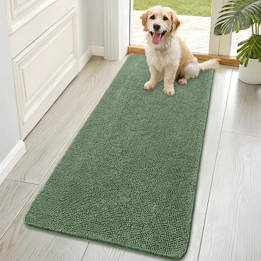 OLANLY Dog Door Mat for Muddy Paws 70x32, Absorbs Moisture and Dirt, Absorbent Non-Slip Washable Doormat, Quick Dry Chenille Mud Mat, Entry Indoor Entryway Carpet for Inside Floor, Olive Green