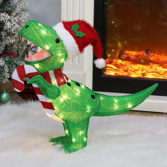 Waterglide Lighted Christmas Dinosaur | 22.5-Inch Pre-Lit 3D Tinsel Tyrannosaurus with Red Hat for Outdoor Holiday Decor