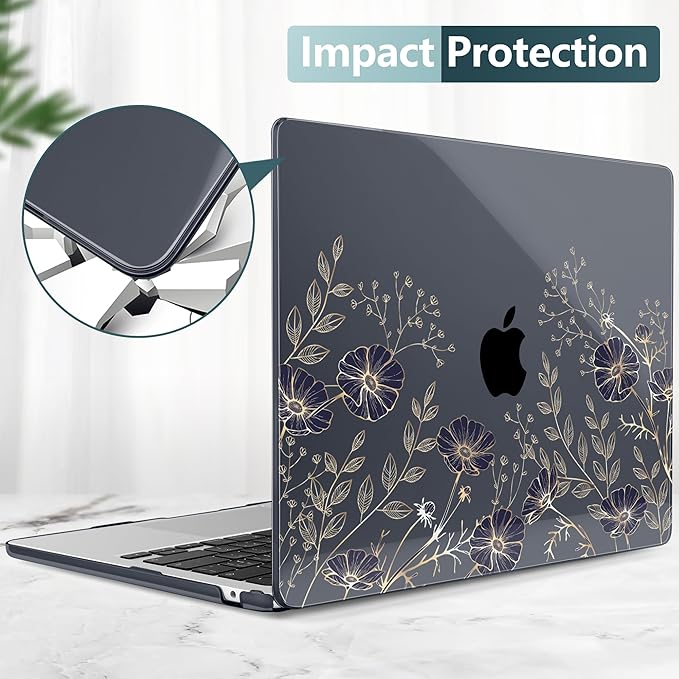 TWOLSKOO for MacBook Air 13 inch Case M5 2026 M4 2025 M3 M2 2024-2022 A3449 A3240 A3113 A2681, Plastic Hard Shell & Keyboard Cover & Type C for MacBook Air 13.6 inch Case, Golden Flowers