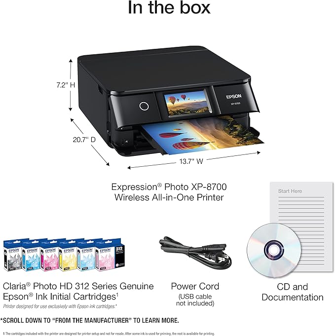 Epson Expression Photo XP-8700 Wireless All-in-One Printer with Scanner and Copier, 4.3" Color Touchscreen Black