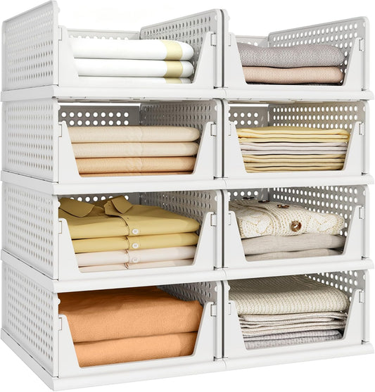 Pinkpum 8-Pack Closet Organizers - Stackable Plastic Storage Bins for Wardrobe, Kitchen & Bathroom - White